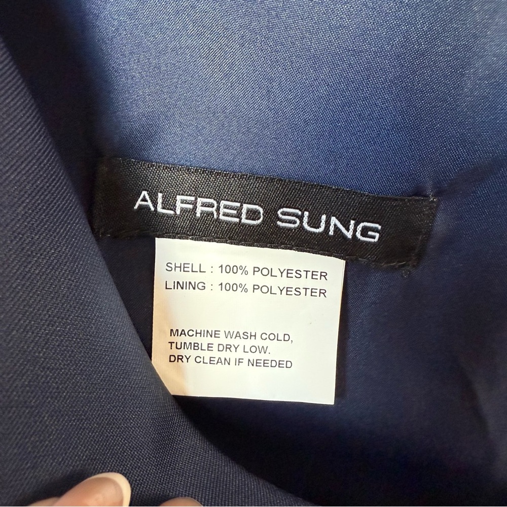 ALFRED SUNG Navy Blue Satin Off-Shoulder Maxi Dress - Picture 4 of 7
